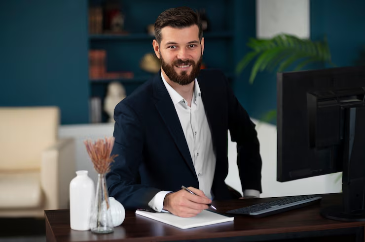 Happy businessman happy with successful SAGIA licensing compliance with Authentifier’s document legalisation services.