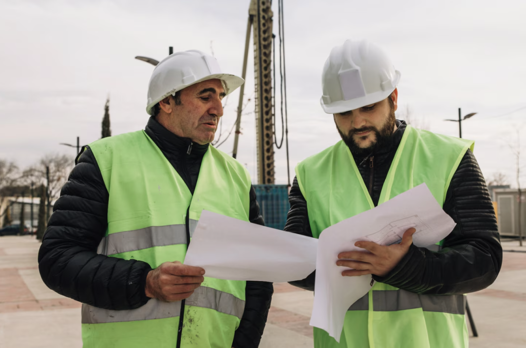 Two engineers working on a large-scale industrial project in Saudi Arabia.
