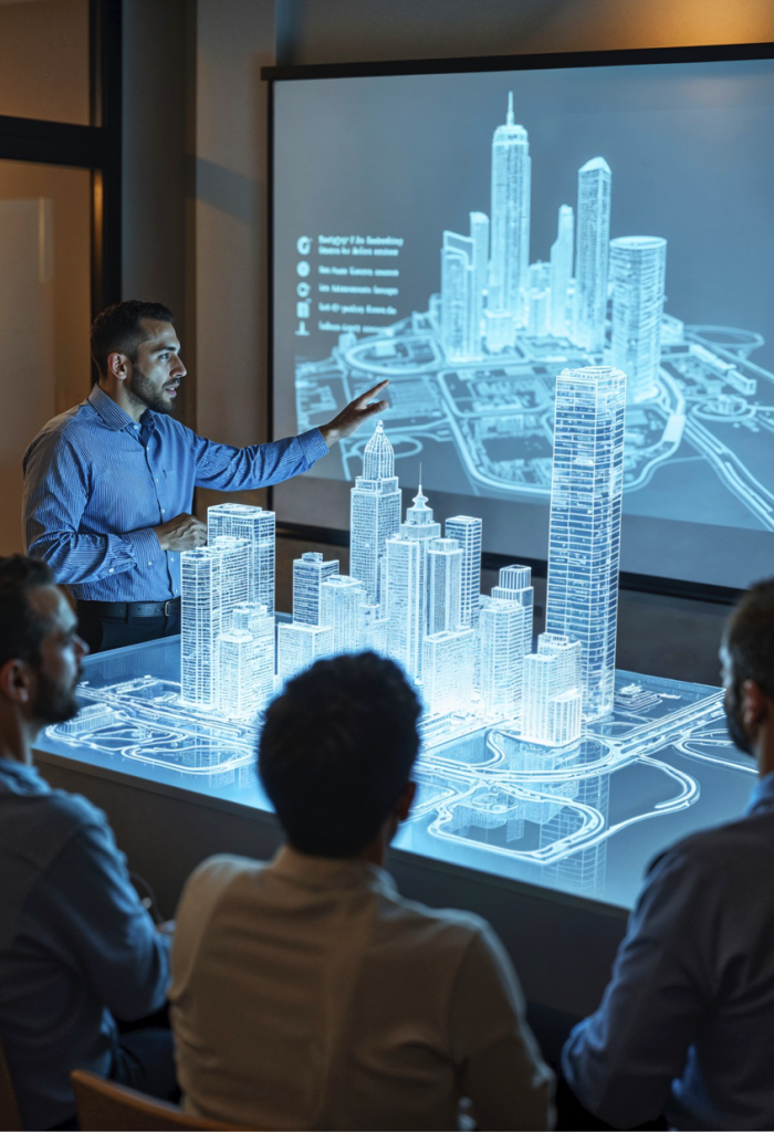 An model of a futuristic, high-tech urban environment, representing a Saudi smart city project.