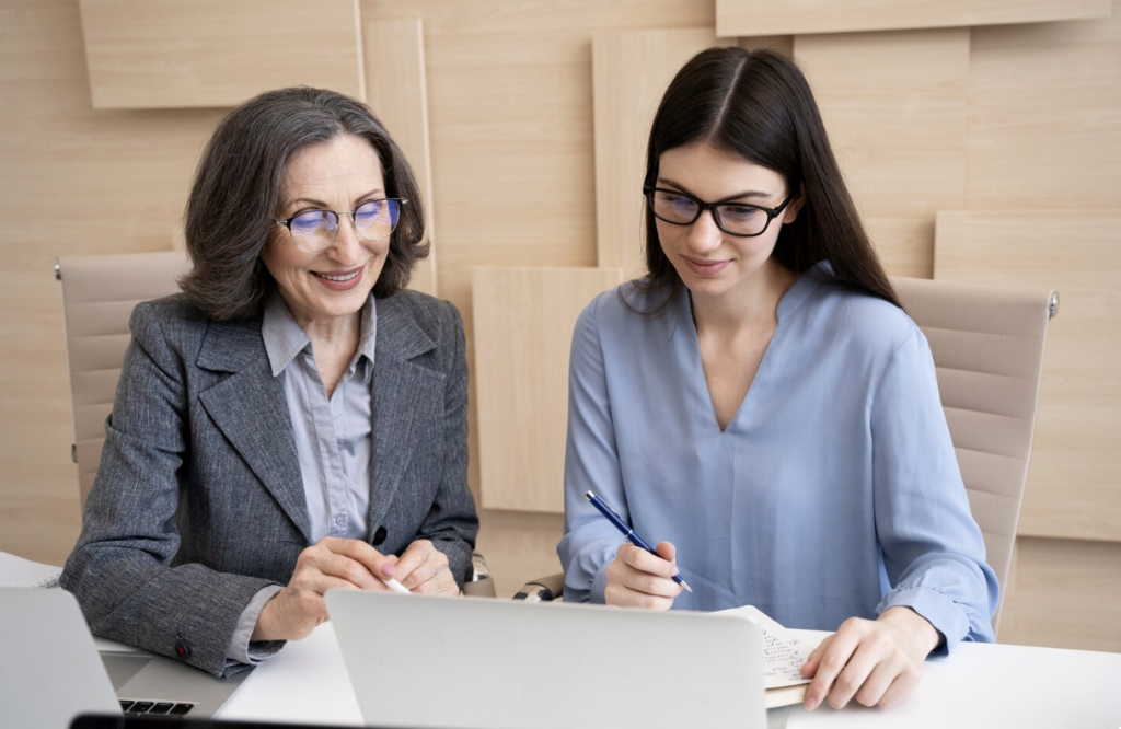 A document attestation expert guiding and assisting a client with the paperwork.